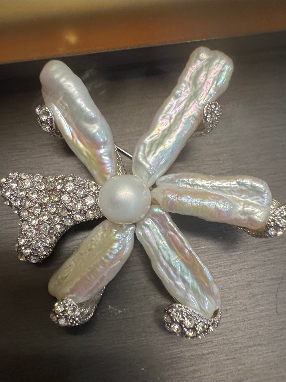 Pearl and Crystal Floral Brooch - Iridescent White